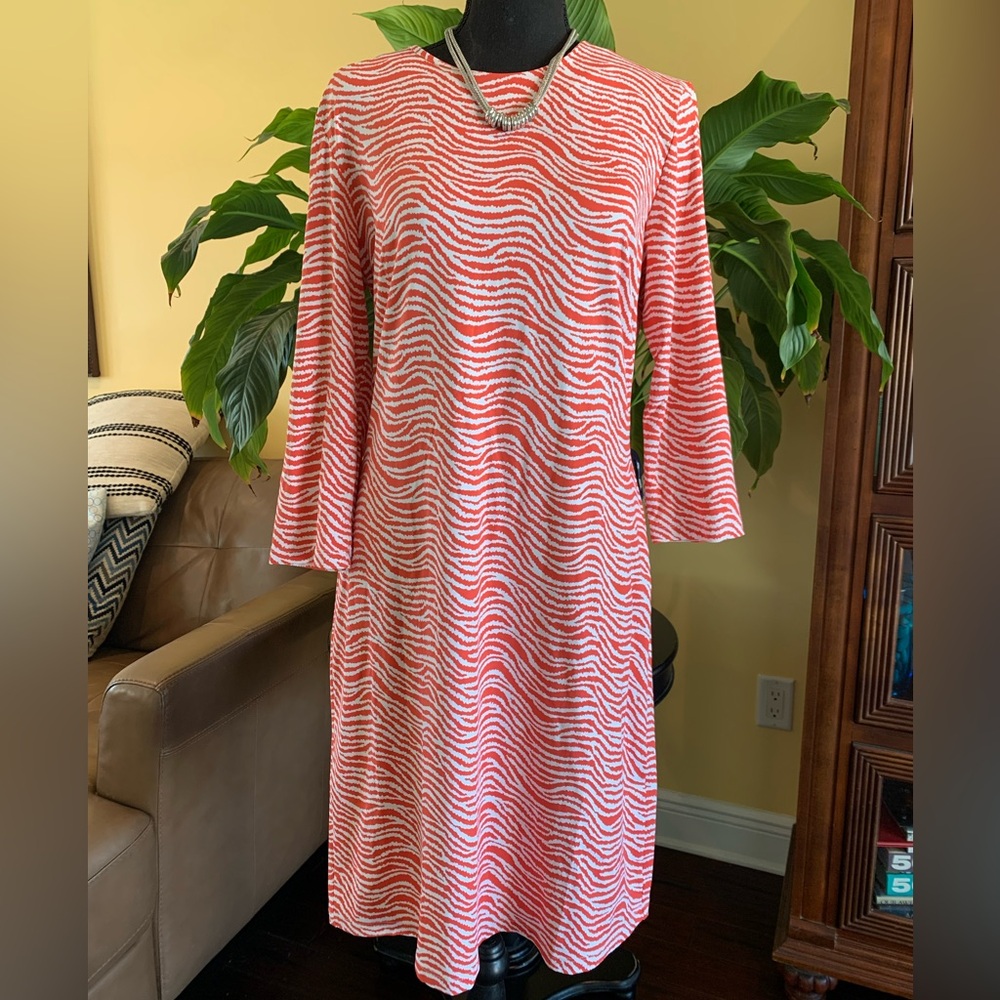 J.McLaughlin Sophia sheath, orange/salmon “radio wave”striped dress - Large